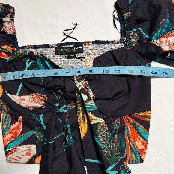 Andres Otalora  Falabella Puff Sleeve Tie Front Cropped Blouse Navy Tropical XS - Picture 9 of 10